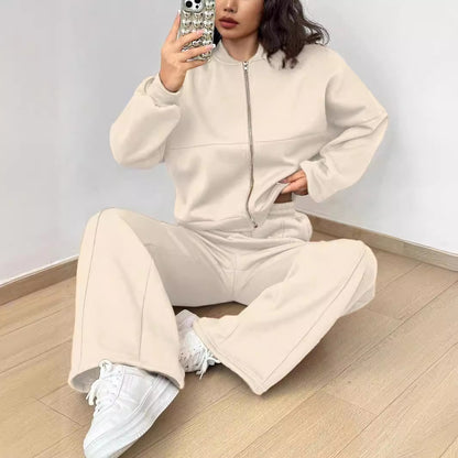 Women's Zip-up Slim Fit Elastic Two-piece Outfit Set - ChoreGirl