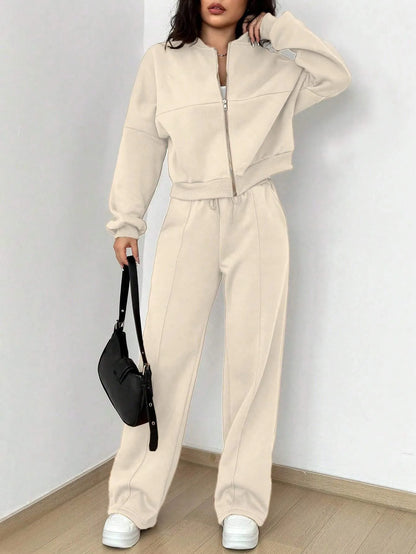Women's Zip-up Slim Fit Elastic Two-piece Outfit Set - ChoreGirl