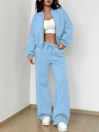 Women's Zip-up Slim Fit Elastic Two-piece Outfit Set - ChoreGirl