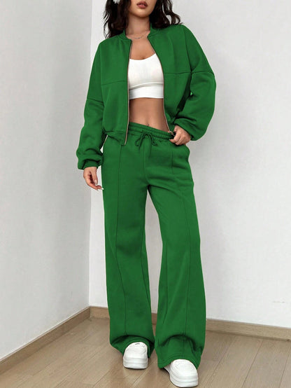 Women's Zip-up Slim Fit Elastic Two-piece Outfit Set - ChoreGirl
