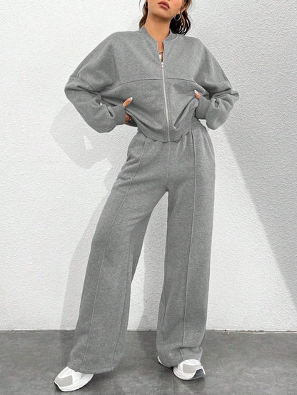 Women's Zip-up Slim Fit Elastic Two-piece Outfit Set - ChoreGirl