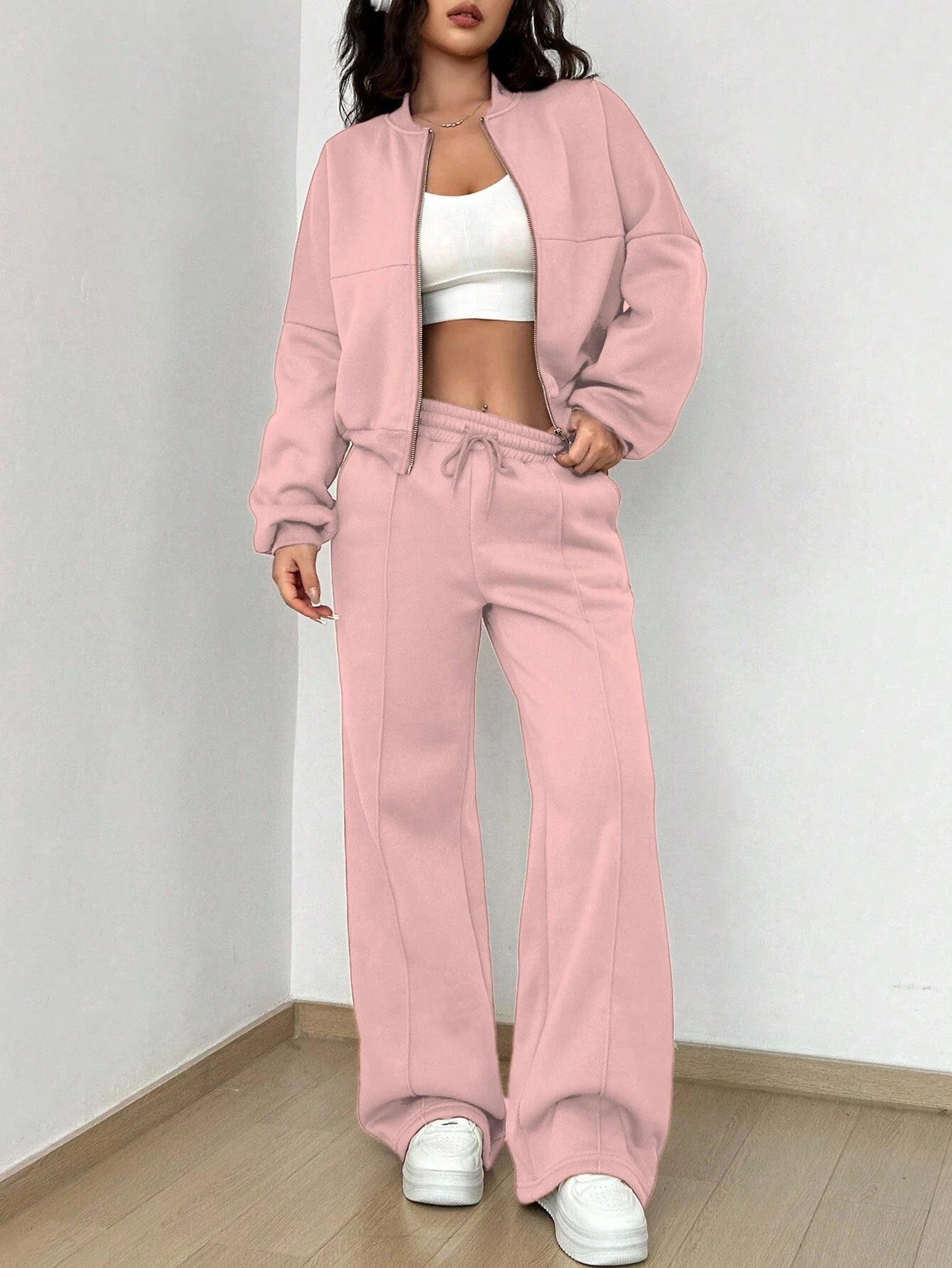Women's Zip-up Slim Fit Elastic Two-piece Outfit Set - ChoreGirl