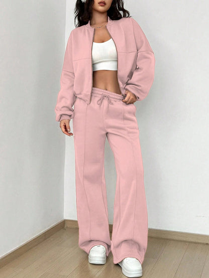 Women's Zip-up Slim Fit Elastic Two-piece Outfit Set - ChoreGirl