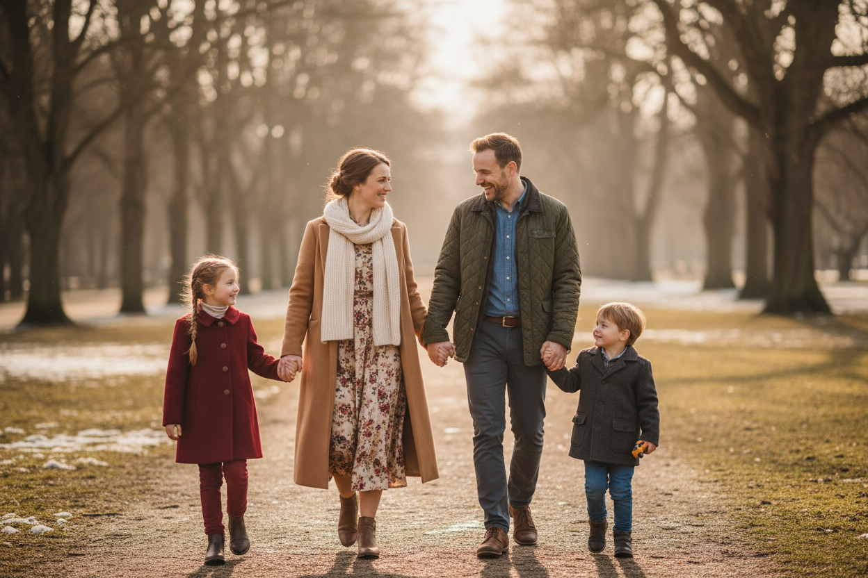 a warm, candid photograph of European family of 4 walking together in a park in February in Germany. Mother wearing elegant modest long sleeve midi dress with long overcoat, scarf around her neck. Father wearing a casual button down shirt with a casual outdoor jacket. Young daughter aged 6-8 is wearing in modest children's coat. Young son 4-6 years old wearing simple pants and similar children's coat like his sister. All clothing is timeless and modest. Genuine smiles and connection between family members. 