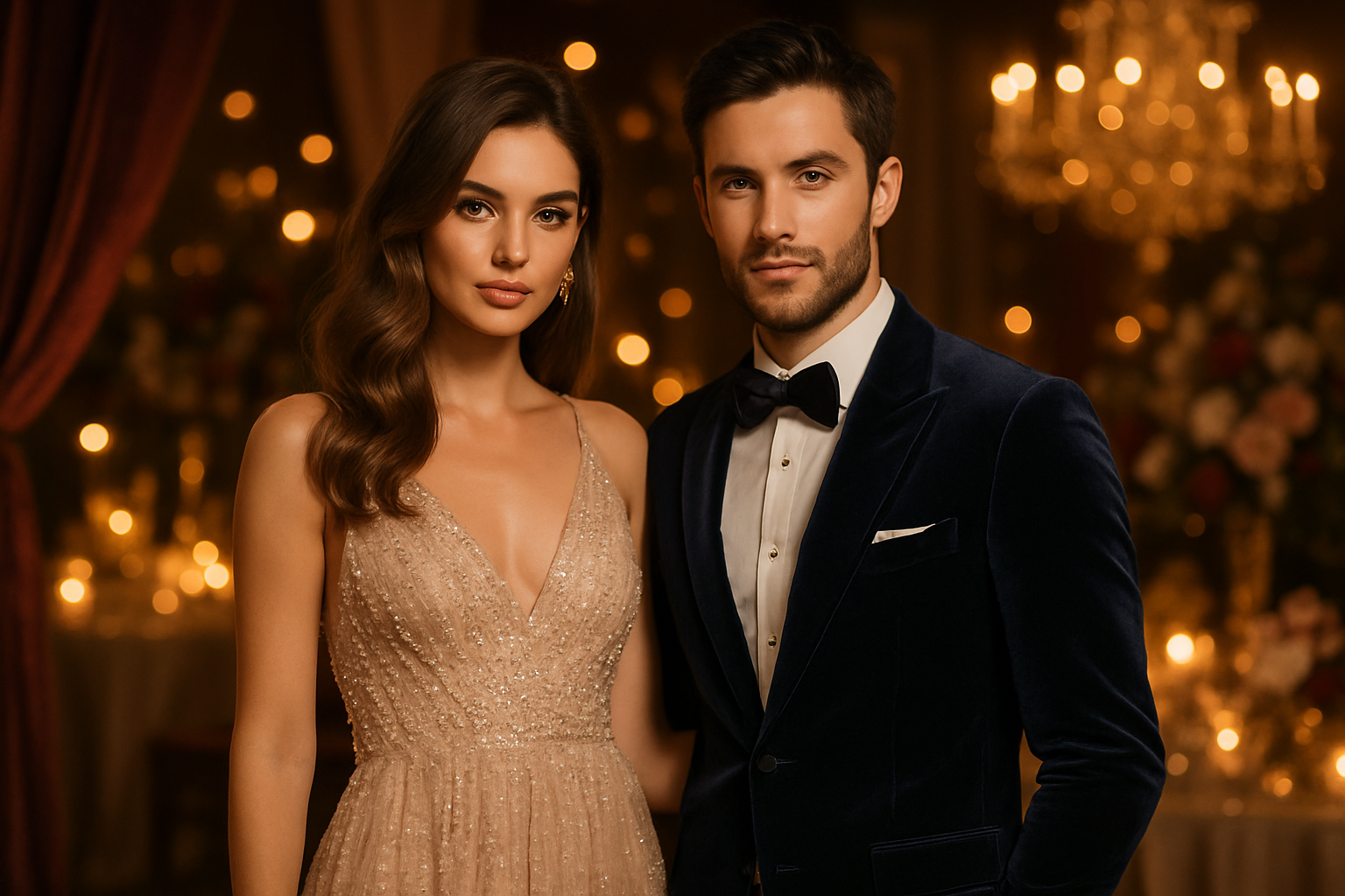 A woman and a man model in trendy exclusive event style clothing in a glamorous party. Romantic ligh and luxurious colors.