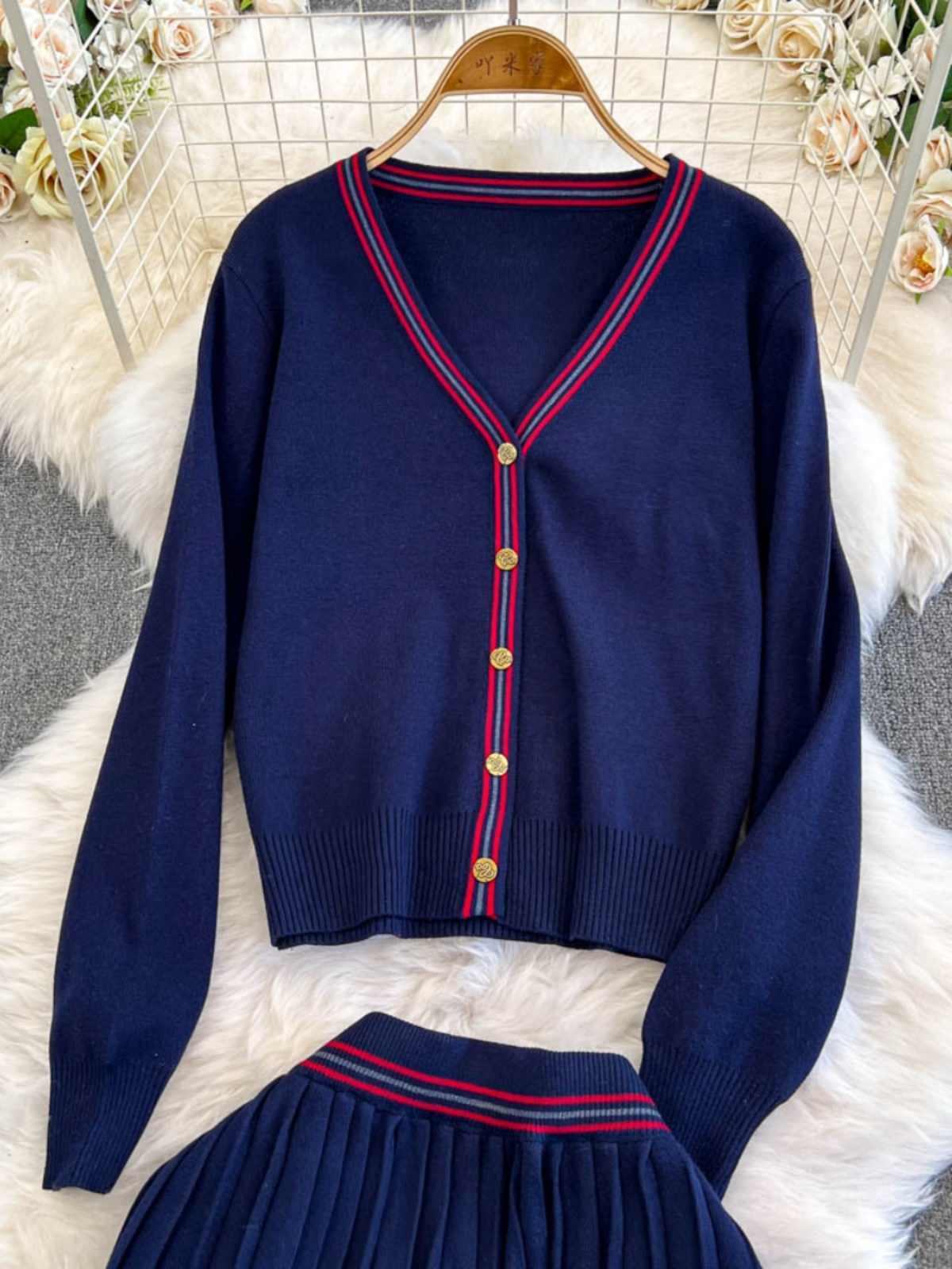Women's Casual Back to School V-neck Knitted Cardigan and Pleated Skirt Two-piece Outfit Set - ChoreGirl