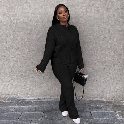 Women's Casual Knitted Long Sleeve Two-piece Outfit Set - ChoreGirl