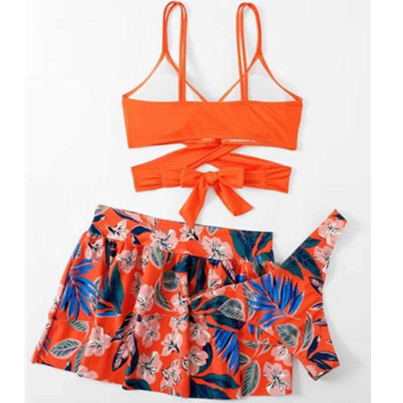Women's Floral Print High Waist Swimming Pants, Swimming Skirt and Backless Top Three-piece Set - ChoreGirl