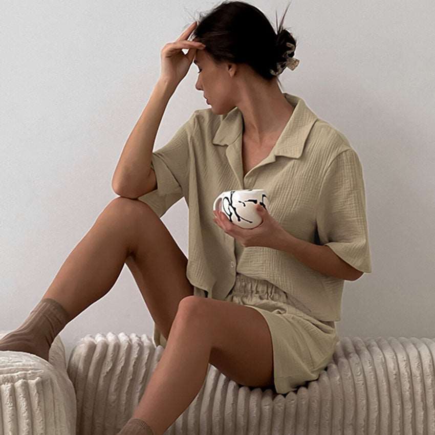 Women's Double-layer Gauze Short Sleeved Shirt, Bra Top and Shorts Loungewear Set - ChoreGirl