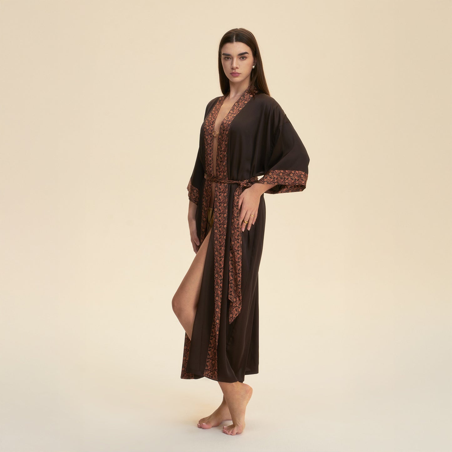 Elegant Solid Color Lace-Trimmed Robe - Women's Satin