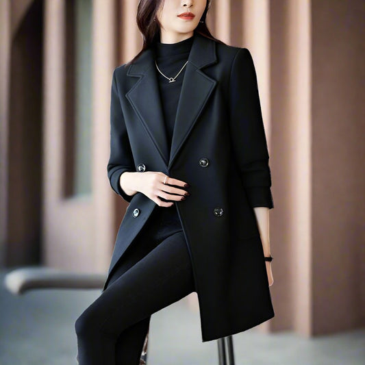 Women's Elegant Suit Jacket Black Double Breasted Coat - ChoreGirl