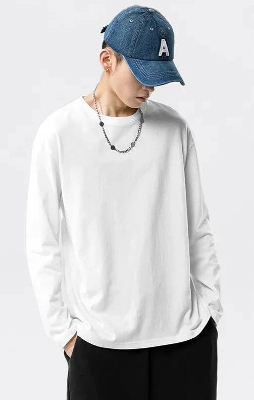 Men's Solid Color Loose Fit Round Neck Long Sleeved Top - ChoreGirl