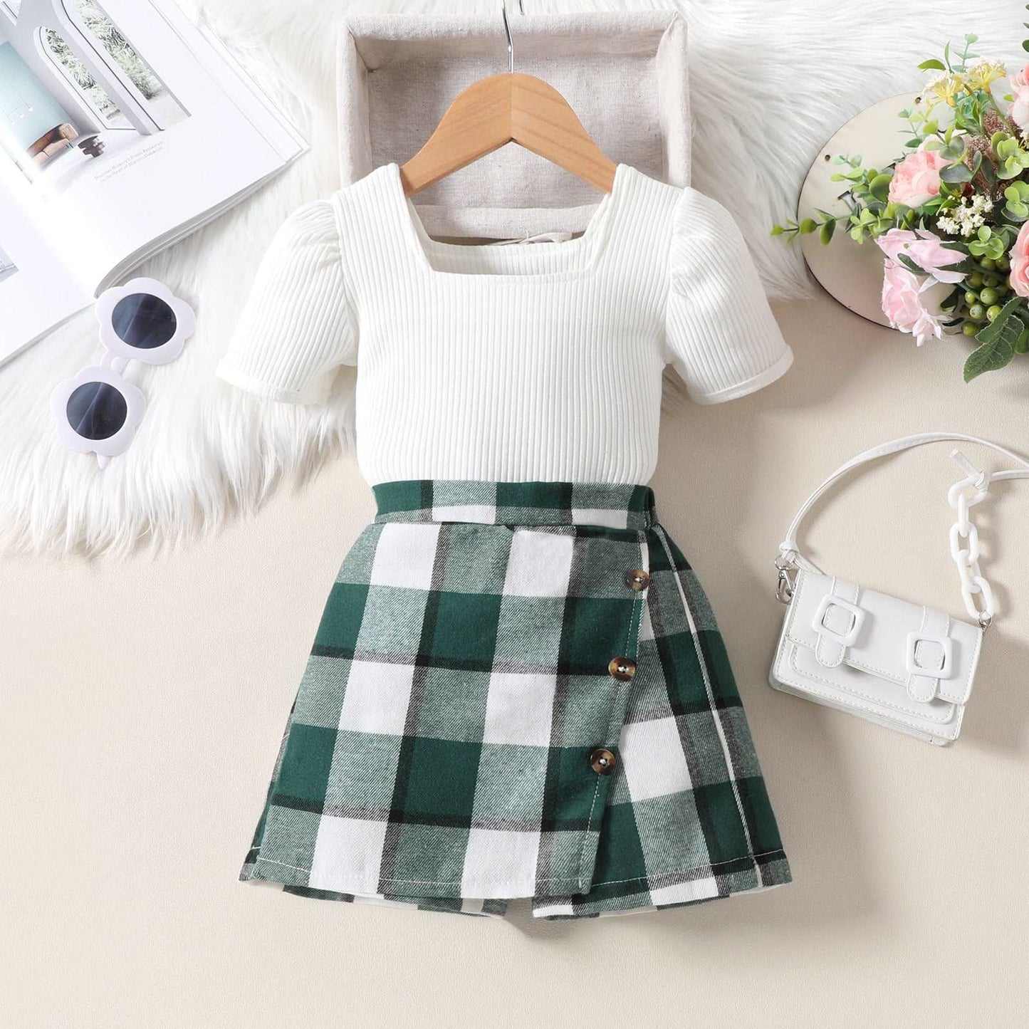 Baby Girl Short Sleeved Top and Irregular Plaid Shorts Outfit Set - ChoreGirl