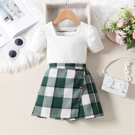 Baby Girl Short Sleeved Top and Irregular Plaid Shorts Outfit Set - ChoreGirl