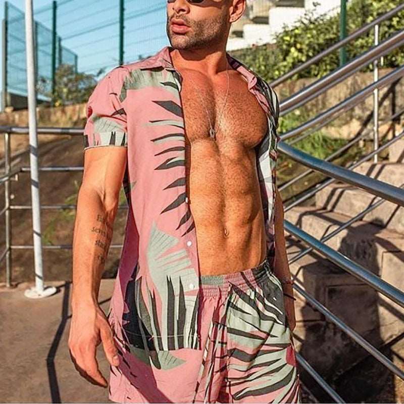 Men's All-matching Short Sleeved Shirt and Shorts Beach Outfit Set - ChoreGirl