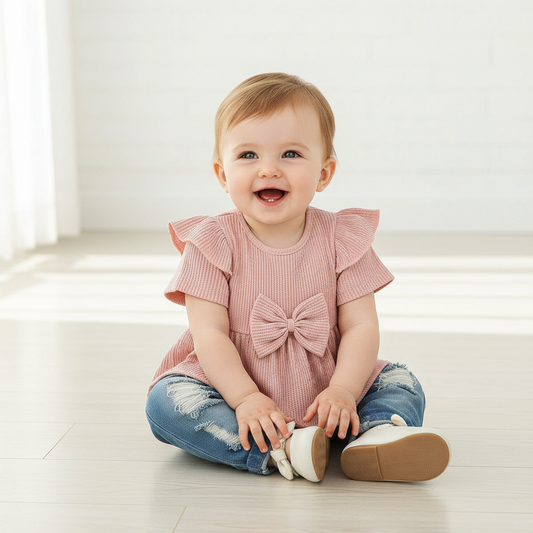 Baby Girl Round Neck Short Sleeved Top and Denim Pants Two-piece Outfit Set