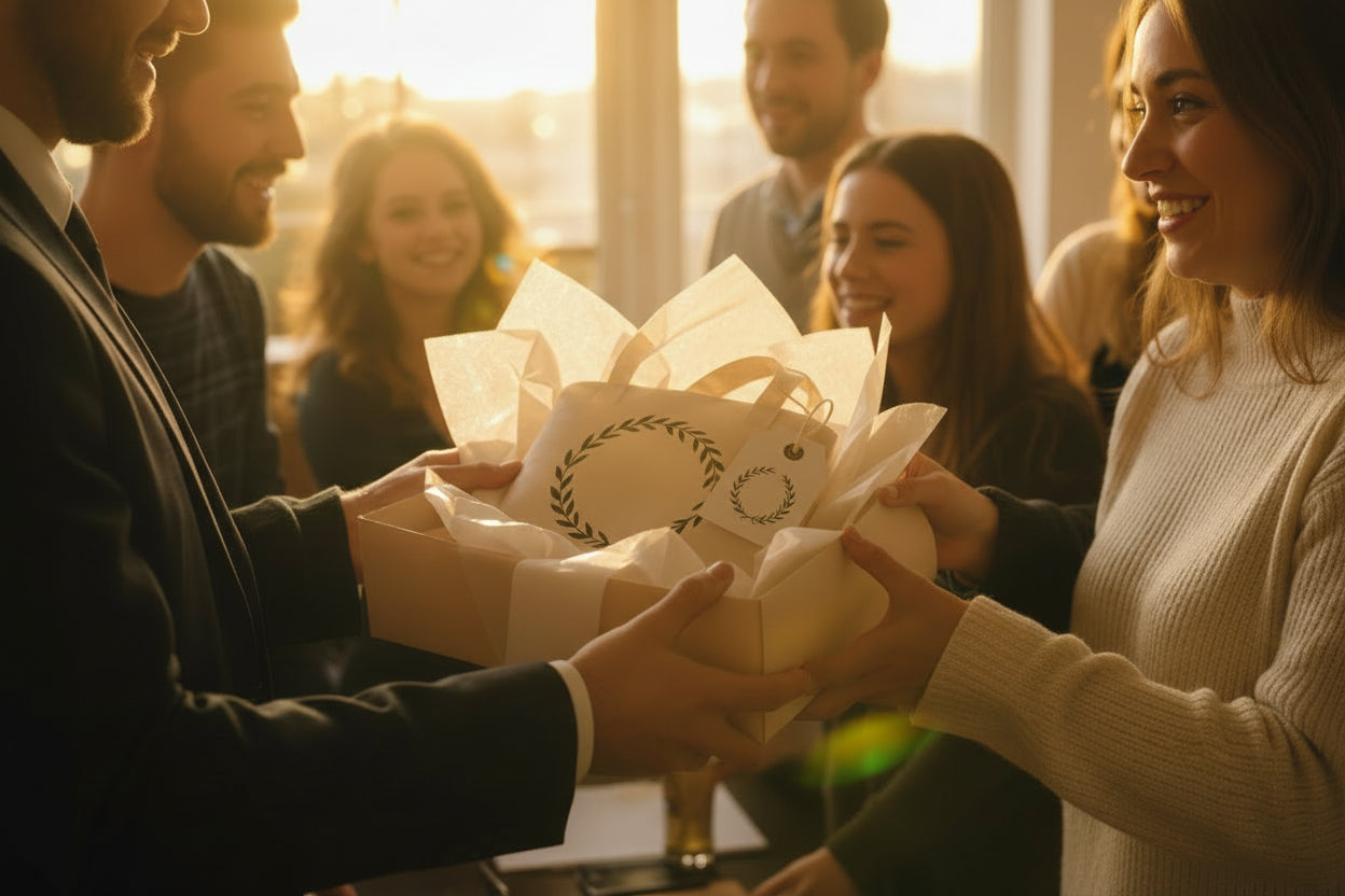 Person receiving a gift with a card labeled 'For Name' in a warm, blurred indoor setting.