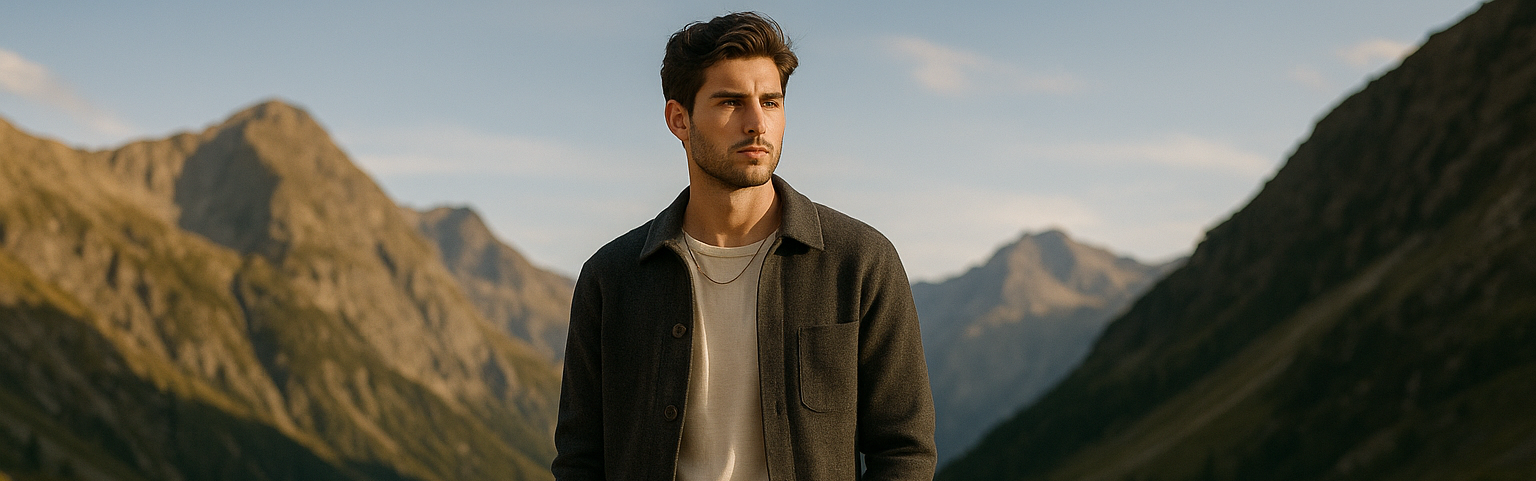 a man standing in mountain field wearing earthly colored shirt and sweatshirt.