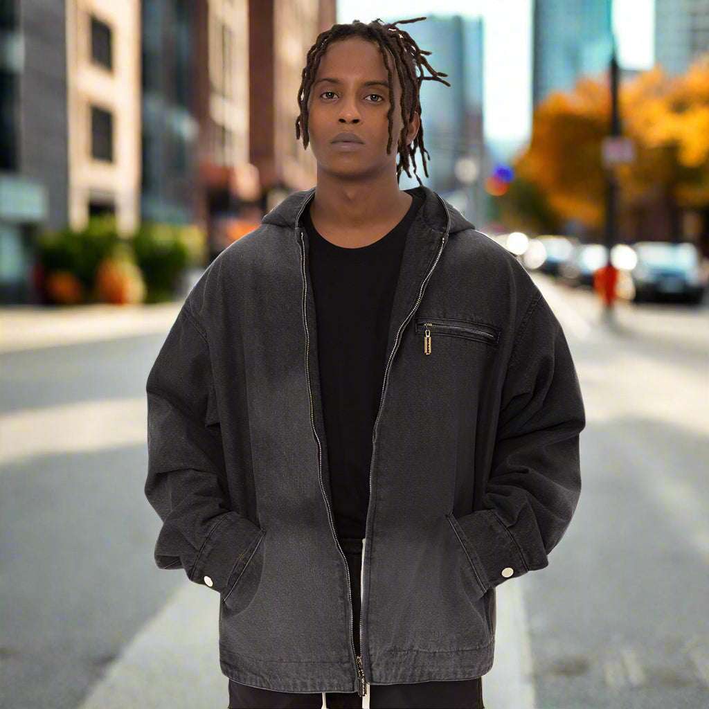 Men's Hooded Zip-up Denim Jacket - ChoreGirl