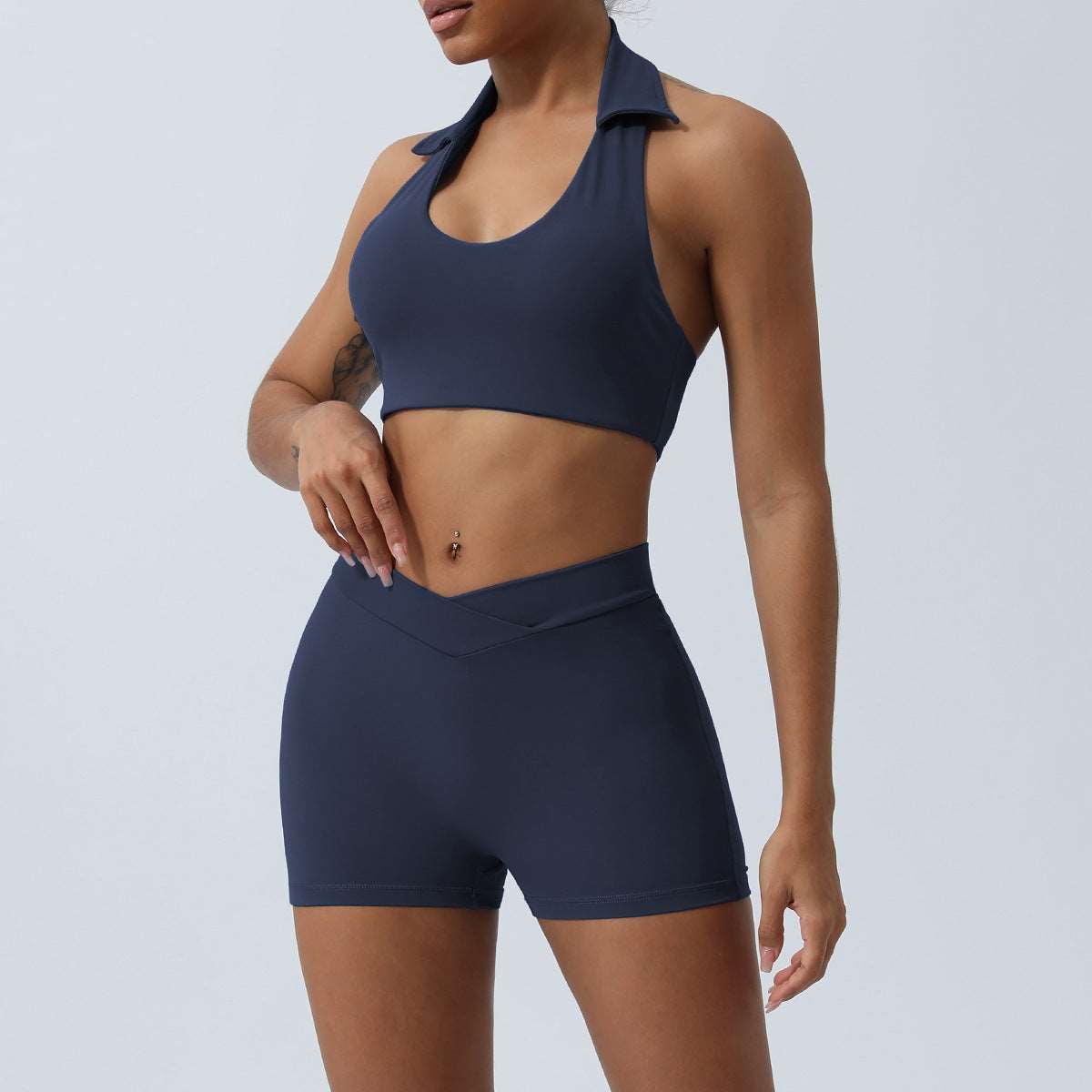 Women's Lapel Collar Sleeveless Top and Hip Lifting Pants or Shorts Sports Set - ChoreGirl
