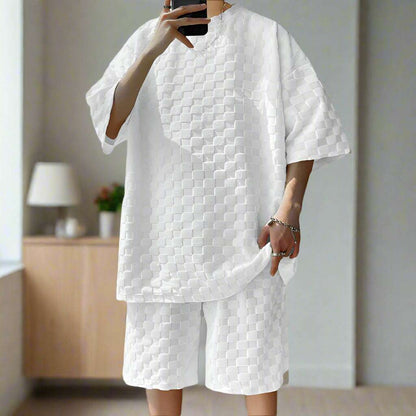 Men's Casual Loose Jacquard Plaid Short Sleeved T-Shirt and Shorts Outfit Set - ChoreGirl