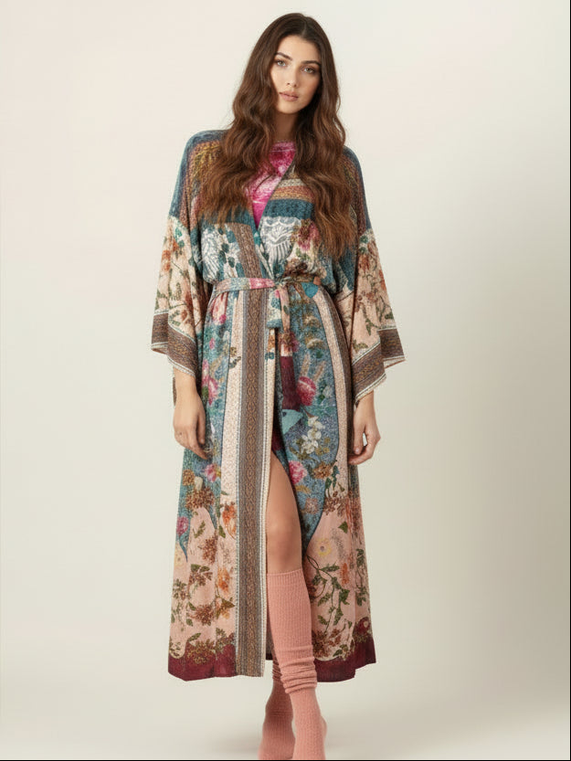 Woman wearing a colorful floral dress with a wide-brimmed hat on a plain background