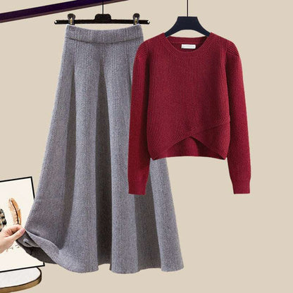 Women's Warm Irregular Style Knitted Sweater and Skirt Outfit Set