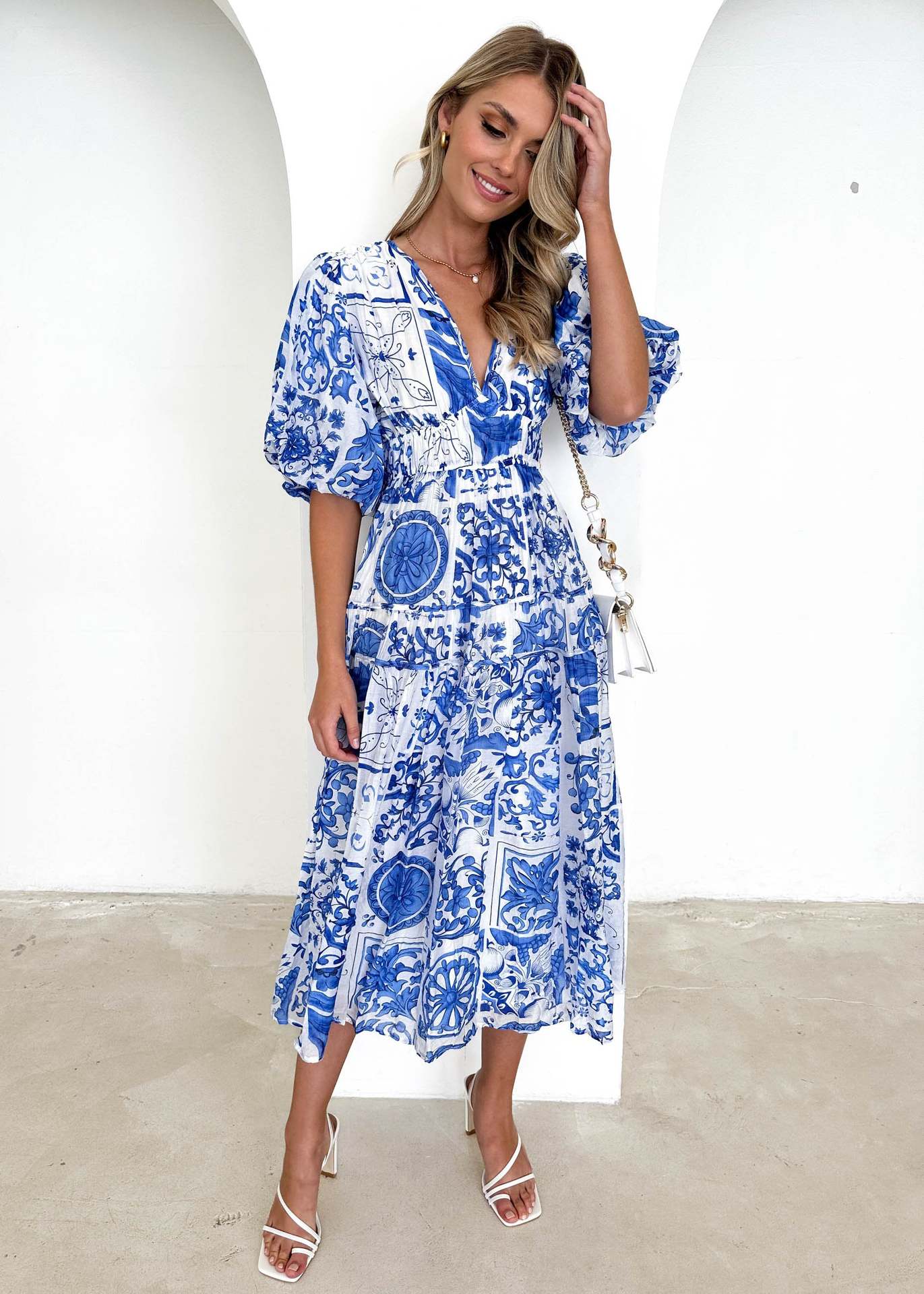 Women's Colorful Printed V-neck Puff Sleeve Dress - ChoreGirl