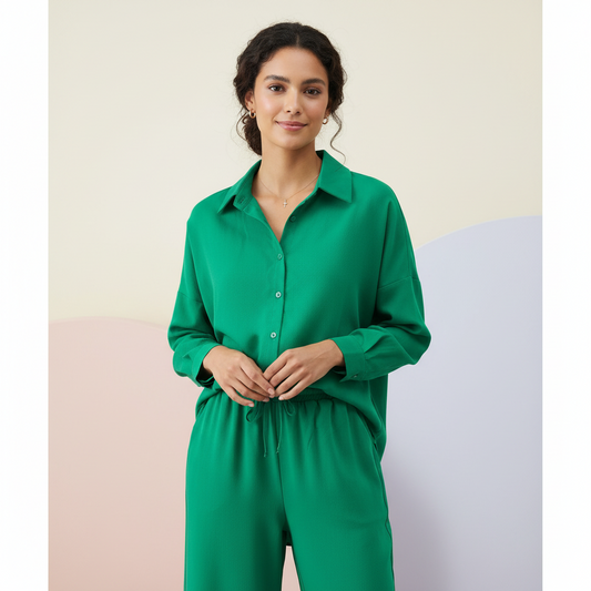 Elegant Loose Elastic Long Sleeve Shirt & Wide Leg Pants Set - Women