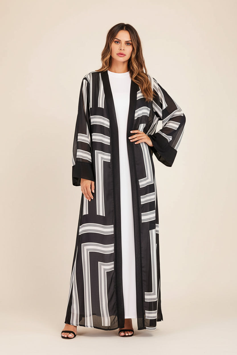 Elegant Striped Loose Lace Long Robe with Belt - Women