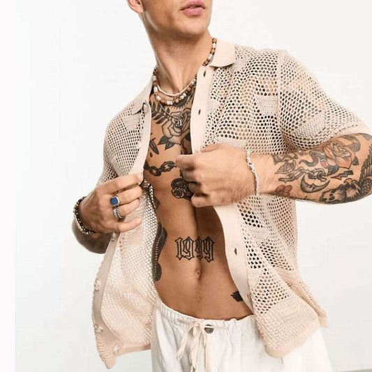 Men's Solid Color Loose Mesh Hollow Cut-Out Button-up Shirt - ChoreGirl