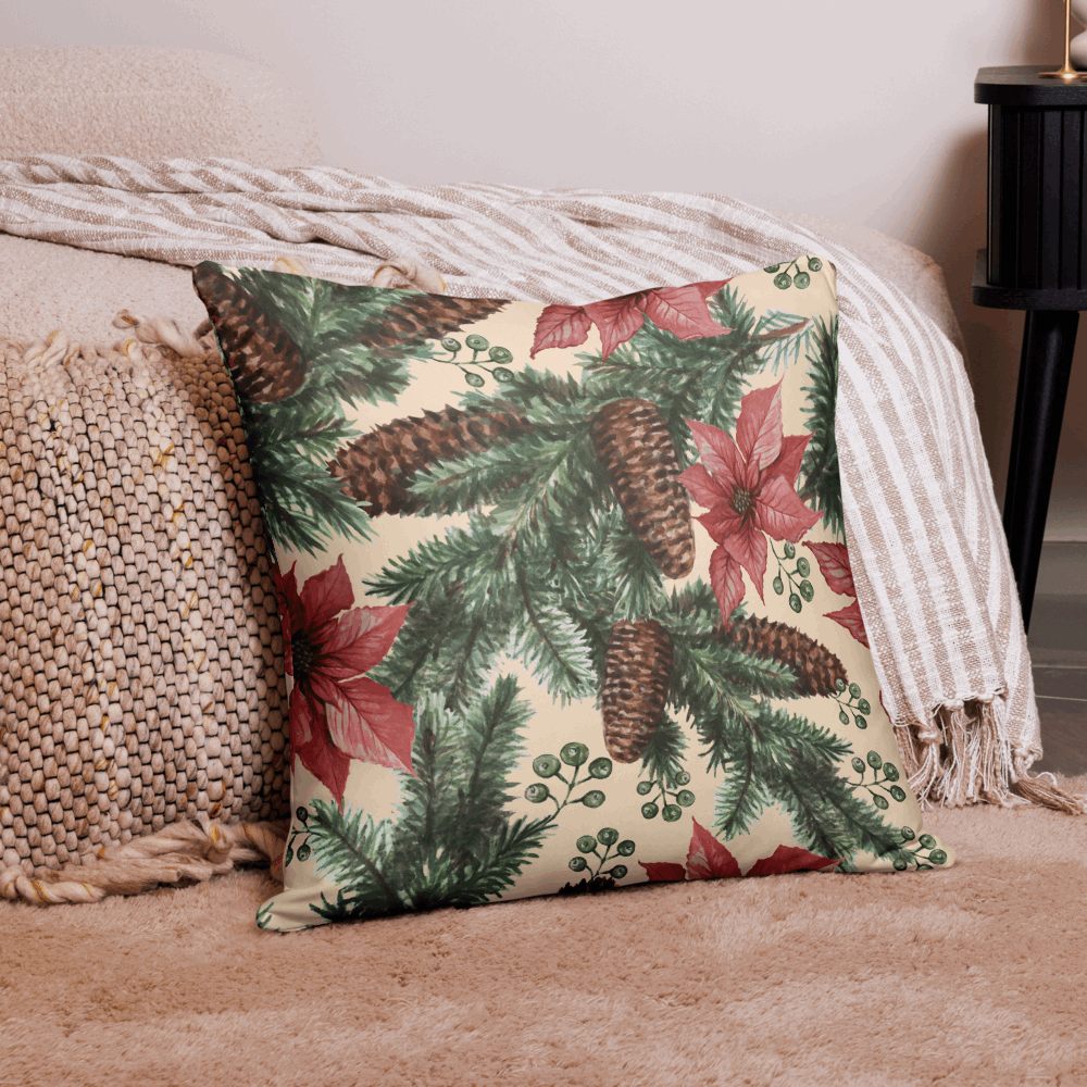 Custom Poinsettias And Pine Design Pillow Case (no insert pillow) | PERSONALIZED - ChoreGirl