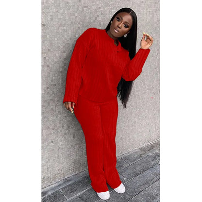Women's Casual Knitted Long Sleeve Two-piece Outfit Set - ChoreGirl