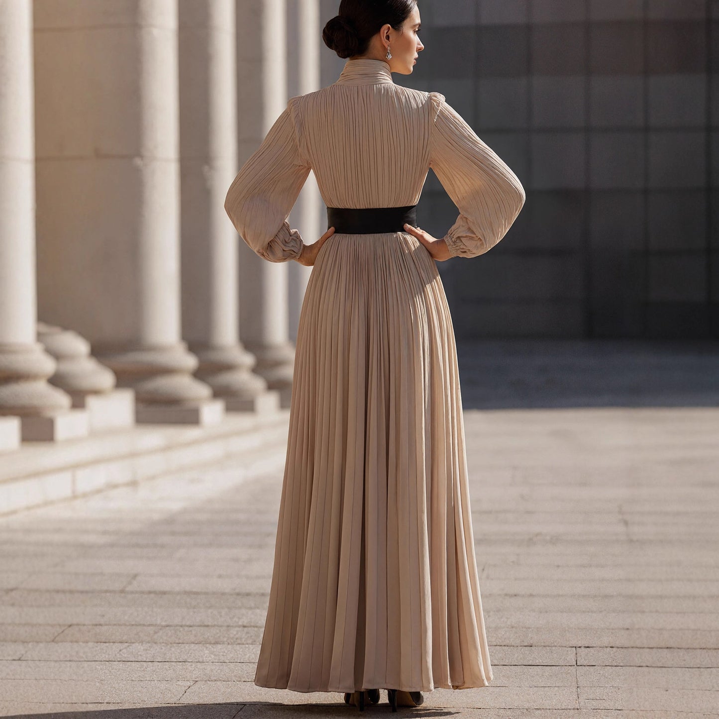 Women's French Style Elegant High Neck High Waist Long Dress with Belt