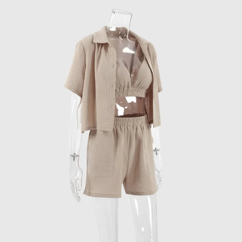 Women's Double-layer Gauze Short Sleeved Shirt, Bra Top and Shorts Loungewear Set - ChoreGirl