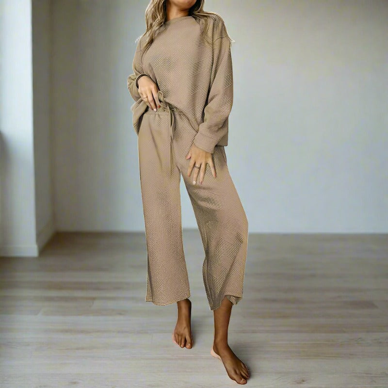 Women's Casual Textured Solid Color Loose Thick Long Sleeved Sweatshirt and Pants Two-piece Outfit Set - ChoreGirl