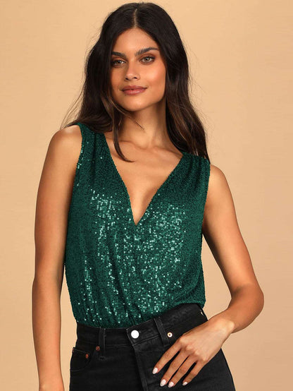 Women's Glitter Sequin Sleeveless Low Cut V-Neck Bodysuit - ChoreGirl