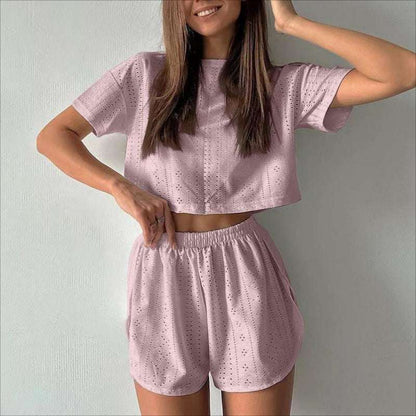 Women's Hollow-out Cropped T-Shirt and Shorts Two-piece Pajamas Set - ChoreGirl