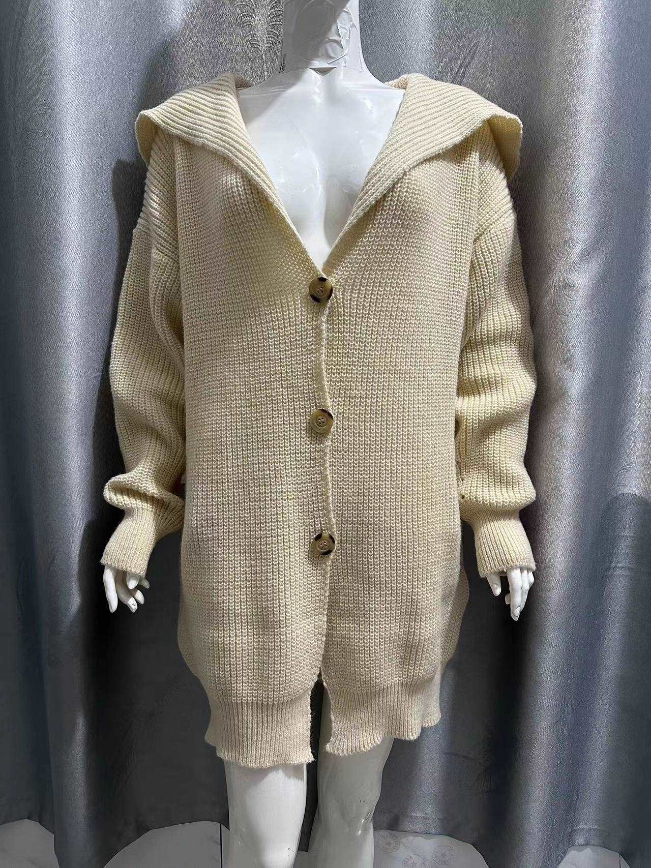 Women's Mid-length Lapel Collar Knitted Button-up Cardigan Jacket - ChoreGirl