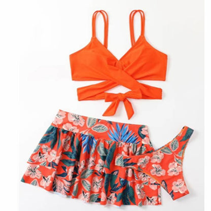 Women's Floral Print High Waist Swimming Pants, Swimming Skirt and Backless Top Three-piece Set - ChoreGirl