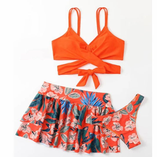 Women's Floral Print High Waist Swimming Pants, Swimming Skirt and Backless Top Three-piece Set - ChoreGirl