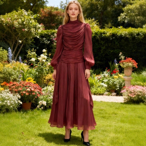 Women's French Style Modest Long Pleated Chiffon Dress with Tied Back