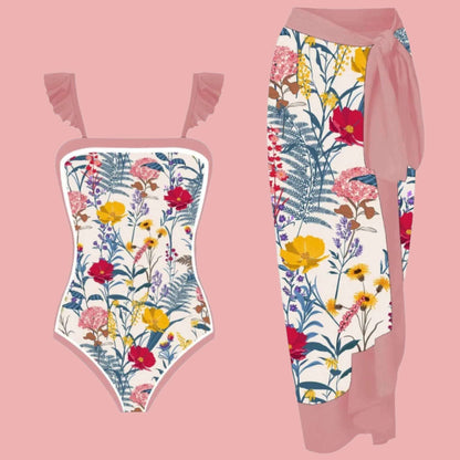 Women's One-piece Swimming Suit and Cover-up Scarf Two-piece Swimwear Set - ChoreGirl