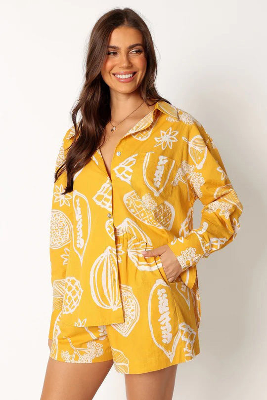 Women's Casual Fruit Printed Short Sleeved Shirt and Shorts Outfit Set - ChoreGirl