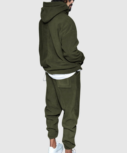 Men's Casual Solid Color Thermal Polar Fleece Hooded Drawstring Sweatshirt Outfit Set - ChoreGirl