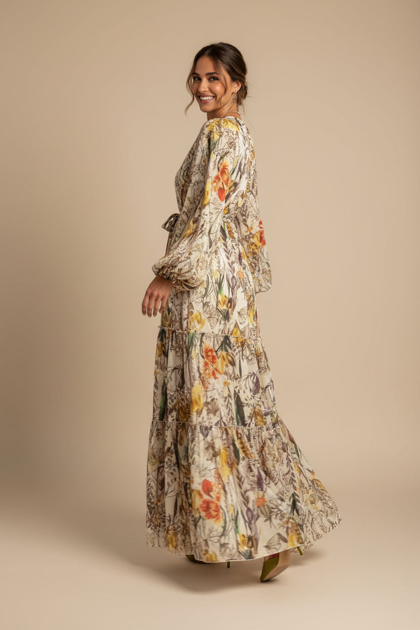 Elegant Floral Print Long Sleeve Maxi Dress - Women