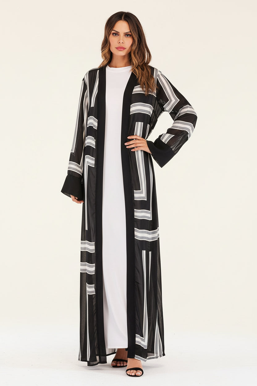 Elegant Striped Loose Lace Long Robe with Belt - Women