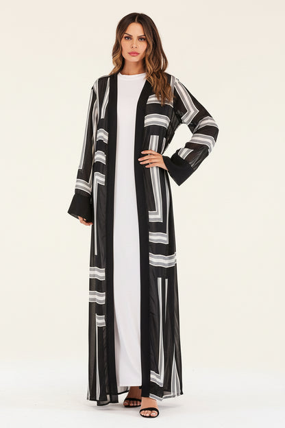 Elegant Striped Loose Lace Long Robe with Belt - Women