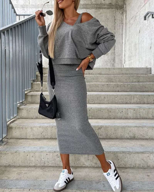 Women's Casual Tight Dress with Cropped Hoodie Two-piece Outfit Set - ChoreGirl