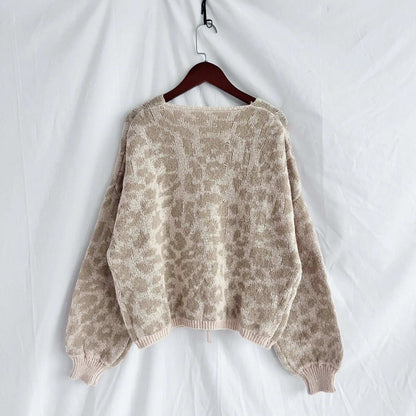Women's Vintage Look Round Neck Leopard Print Knitted Cardigan with Tie-up Closure